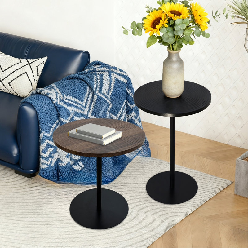 Ensemble de 2 petites tables d'appoint rondes à cercles concentriques en bois pour deux tables de chevet en métal à piédestal pour petits espaces (brun noyer et noir)