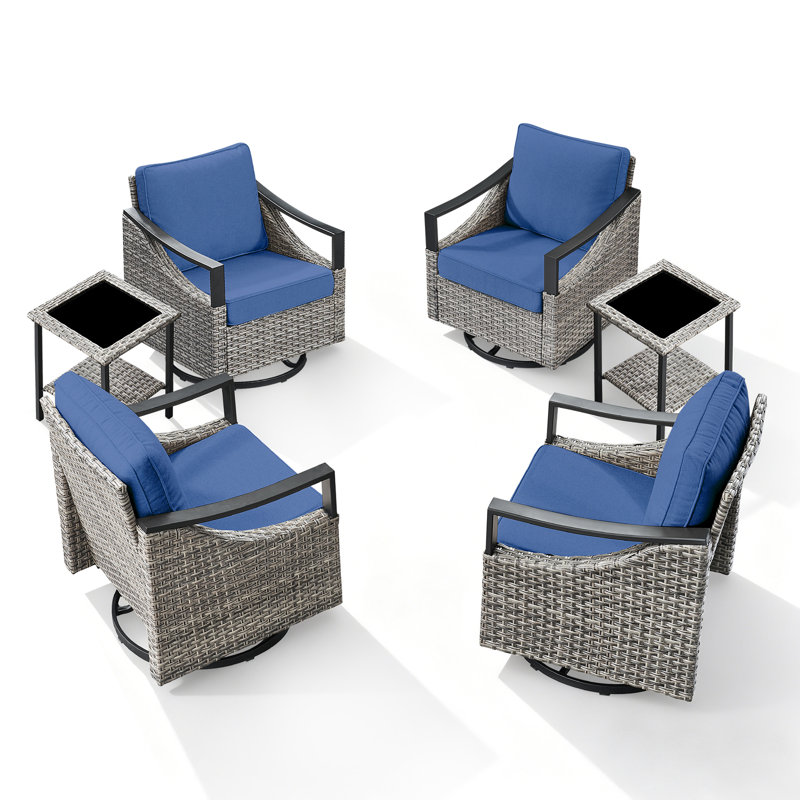 All-Weather Outdoor Modern Iron Armrests Multiple Chairs Set With Side Table, Blue