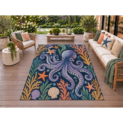 Tapis d'extérieur 5' x 7' Sea Octopus, épais, solide, imperméable, en PVC bouclé, tapis de patio robuste, tapis intérieur/extérieur à séchage rapide pour porche, terrasse, balcon, entrée, camping-car.
