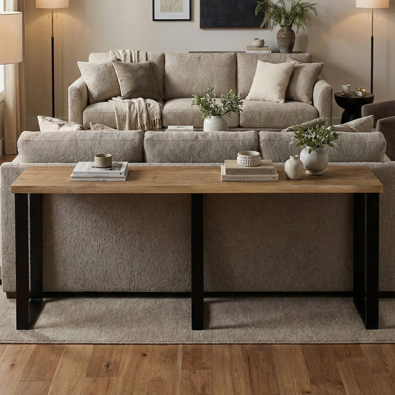 Console Glendive en bois massif vieilli 90 po, Sawn Farmhouse Natural , H 34,5 po x l 90 po x P 16 po, Naturel