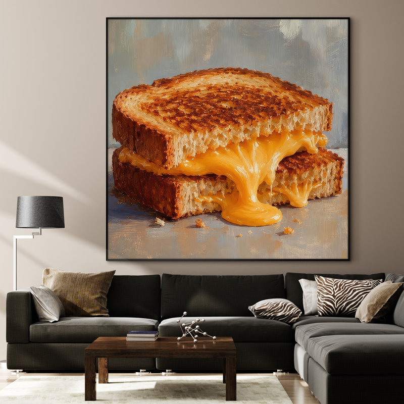 Très grand art mural imprimé sur tissu - Gros plan de sandwich au fromage grillé Melty pour le salon ou la chambre à coucher - «Assemblage requis du cadre (cadre non fini)»