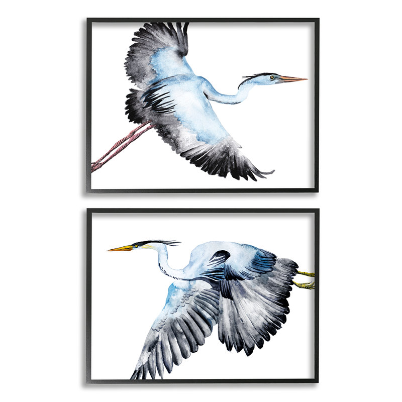 «Cranes Flying in Sky Blue Black Birds» par Melissa Wang - ensemble de 2 impressions, Giclée encadrée noir minuit