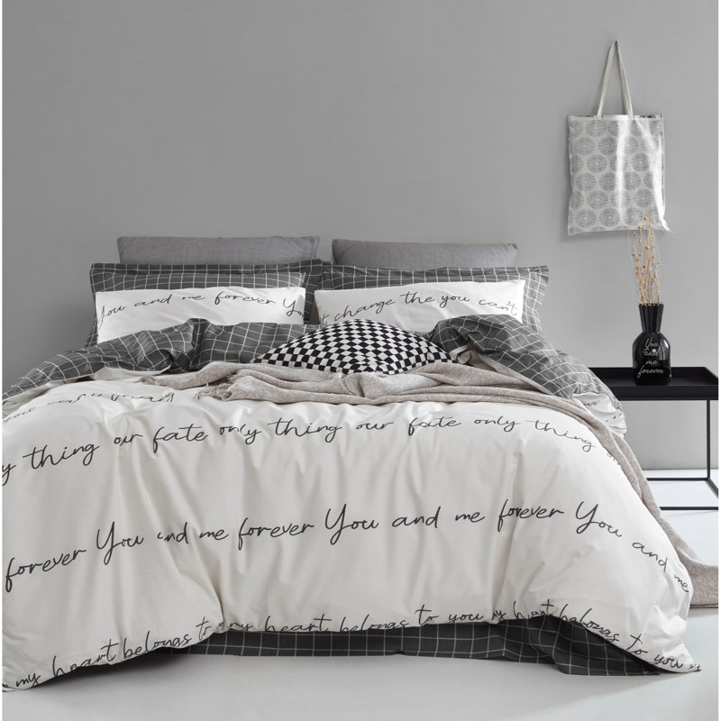 Ensemble de housse de couette 100% coton Butz crème / gris, Housse de couette 102 po x 94 po + 2 taies d'oreil