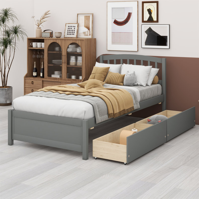 Lit plateforme avec deux tiroirs et une tête de lit, Gris