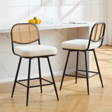 Upholstered Swivel Counter Stool With Rattan Backrest