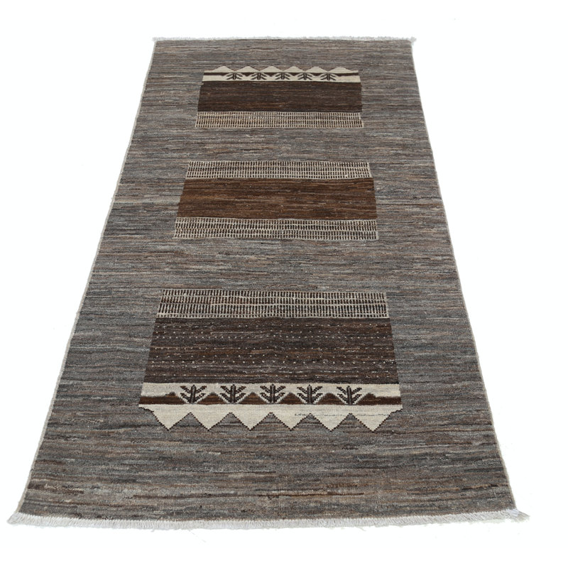 Tapis brun à motif géométrique tribal noué à la main 3,2 pi x 6,5 pi 3,2 po