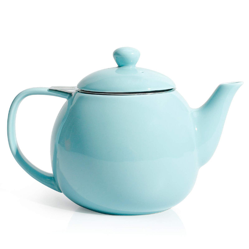 Théière, théière en porcelaine avec infuseur en acier inoxydable, théière en feuilles et floraison - 27 oz, turquoise