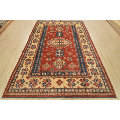 Tapis oriental tribal en laine rouge noué à la main 7 pi 5 po x 10 pi Kazak Kazak