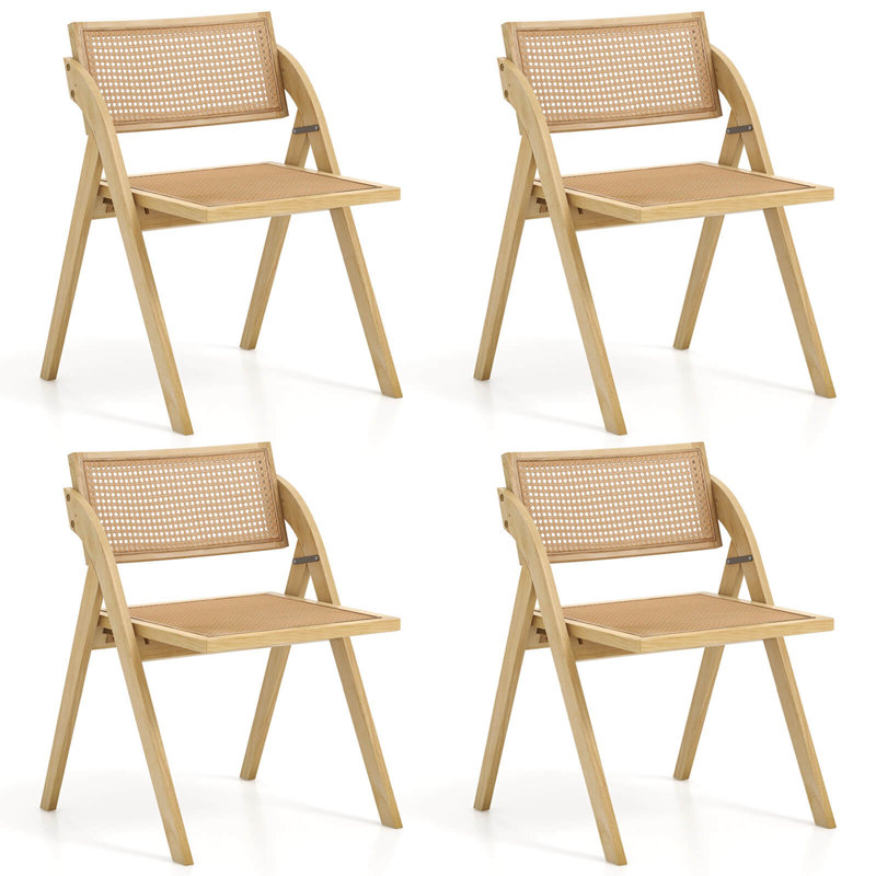 Bayou Breeze Foldable Dining Chairs Set Of 4 With Woven Rattan Backrest & Seat Rubber Wood Frame, Natural
