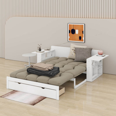 Lit de jour double avec bureau, tiroirs de rangement et table d'appoint hydraulique