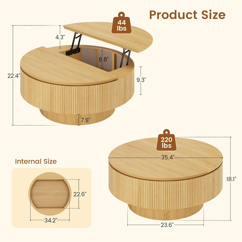 Table basse à plateau relevable Kalisa, 	Chêne