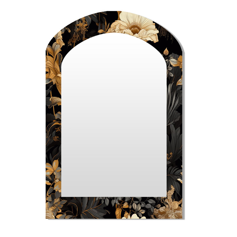 Gold Tropical Leaf Serenade I - Leaves Asymmetrical Decorative Mirror, Traditional Arch Wall Mirror, Printed Metal Art