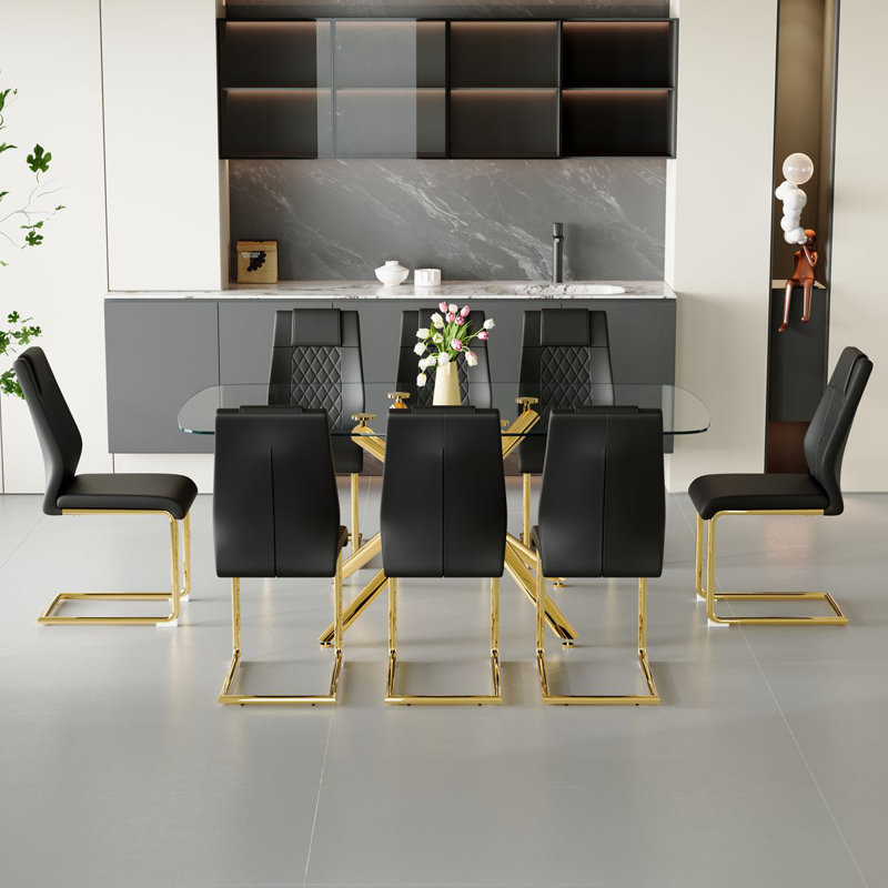 Ensemble de tables de salle à manger 71 "en verre moderne avec chaises en cuir - Ensemble de table de salle à manger de luxe pour 6 à 8 personnes