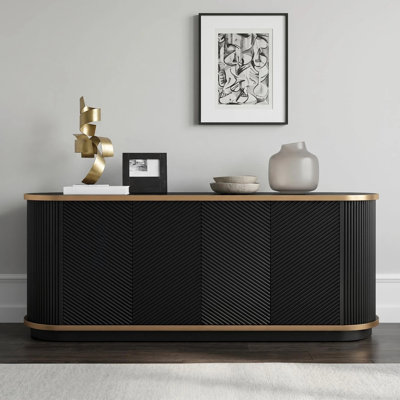 Luminance 63 Inch Diagonal Fluted Sideboard with Gold Trim and Marble Look Top