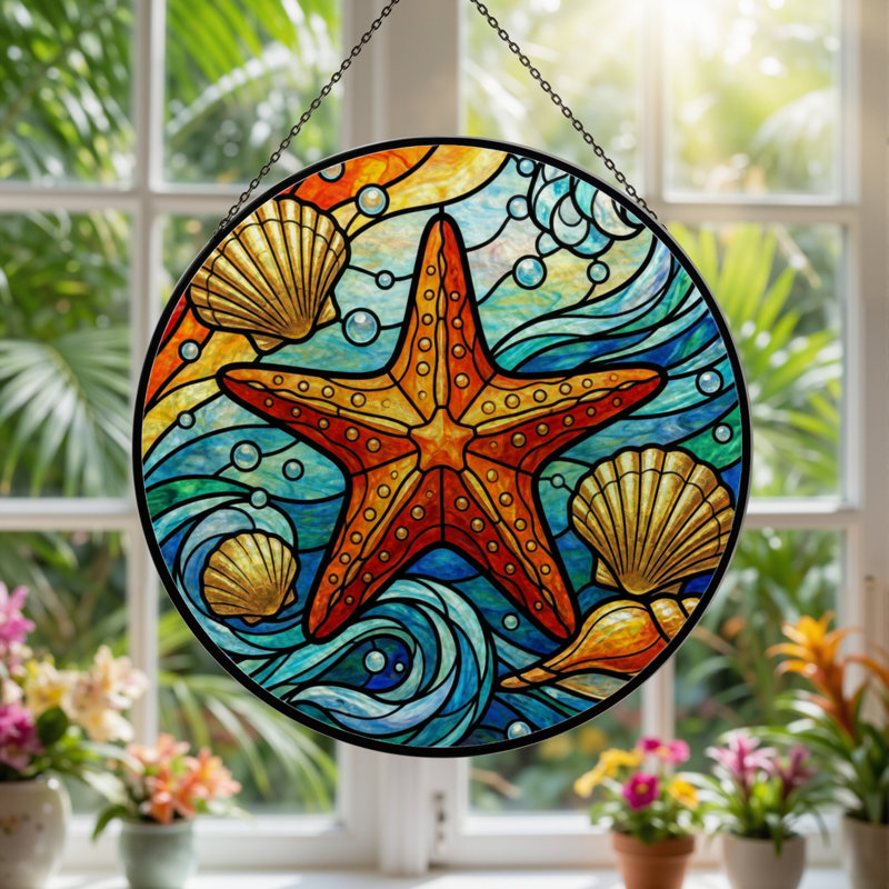 Panneau de vitrail 12 "H Starfish Seashell, H 12 po x l 12 po