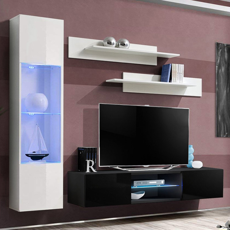 Beoll 85" Modern Floating Wall Mounted Entertainment Center with 16-Color LED Lighting, High Gloss Finish, White/Black