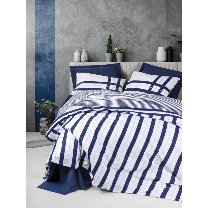 Ensemble de housse de couette 100% coton de qualité supérieure Ranforce, bleu foncé, comprend une housse de couette 79 x 87, un drap plat 94 x 102 et des taies d'oreiller 20 x 28 (2 pièces) | Impression réactive, lavable à la machine, fermeture à boutons