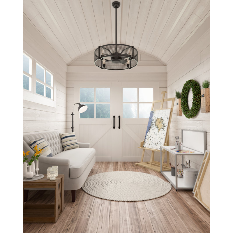 34" Fennec 4 - Blade Caged Ceiling Fan with Wall Control and Light Kit Included