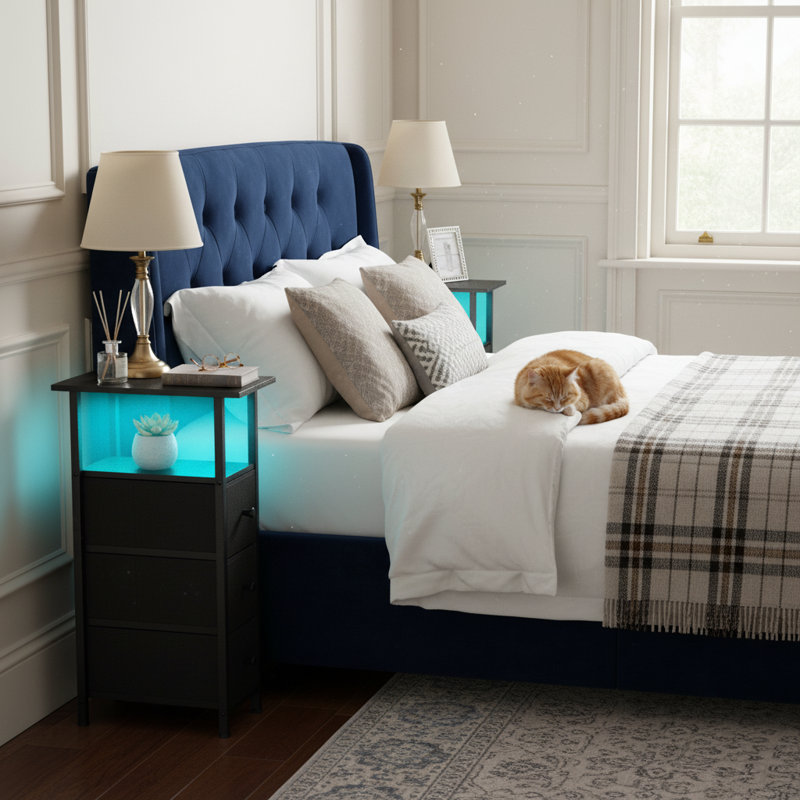 LED Narrow Side Tables, Slim End Table with 3 Fabric Drawer and Charging Station, Black, 2