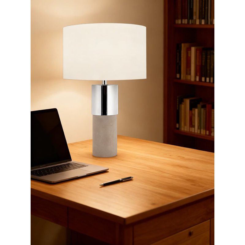 Grande lampe de table de 22 pouces avec base en ciment et décoration chromée, lampe ronde en pierre moderne pour l'éclairage de table de salon, de chevet ou d'entrée