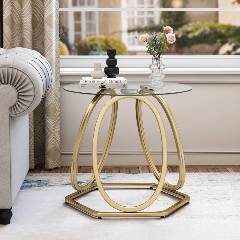Modern Round Glass End Table For Living Room, Gold