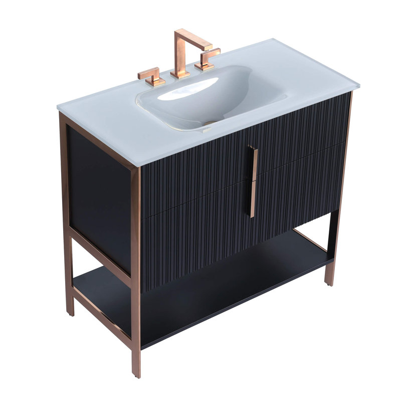 Meuble-lavabo simple avec plateau en verre Millisa, Laiton satiné, Blanc mat, 36"