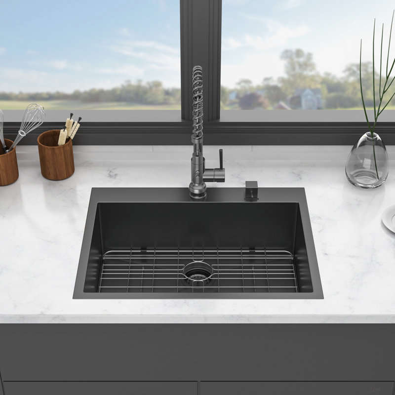 Black Drop Sink, 28" x 22" x 10" Drop in Kitchen Sink Gunmetal Black Topmount 16 Gauge Deep Single Bowl Stainless Steel Sink Basin