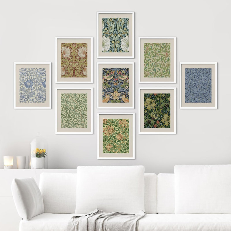 William Morris, motifs floraux, nature sauvage, art moderne bohémien, H 14 po x l 11 po, Blanc