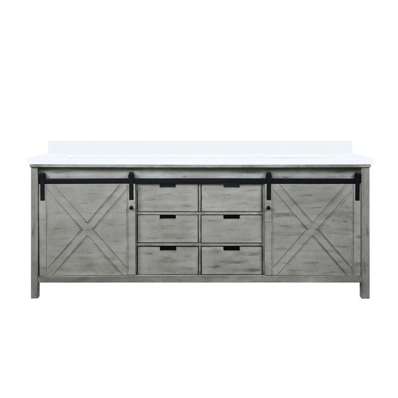 84 po L x P 22 po. Meuble-lavabo double avec comptoir en quartz blanc - structure en bois massif, système de fermeture en douceur, finition grattée et teinte, nombreuses options de rangement, deux armoires intérieures, six tiroirs ouverts