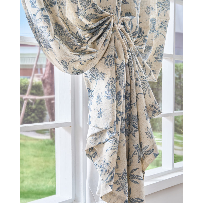 Linen Blend Semi Sheer Pod Pocket Floral Patterned French Country Curtains, Blue, 50" W x 96" L