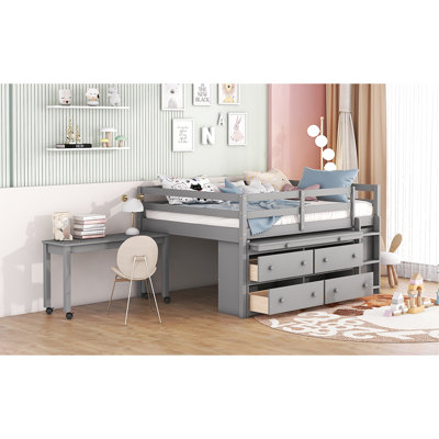 Lit mezzanine gris avec zone d'écriture portable - pratique pour étudier et créer 4 tiroirs afin de maximiser le potentiel de votre chambre à coucher