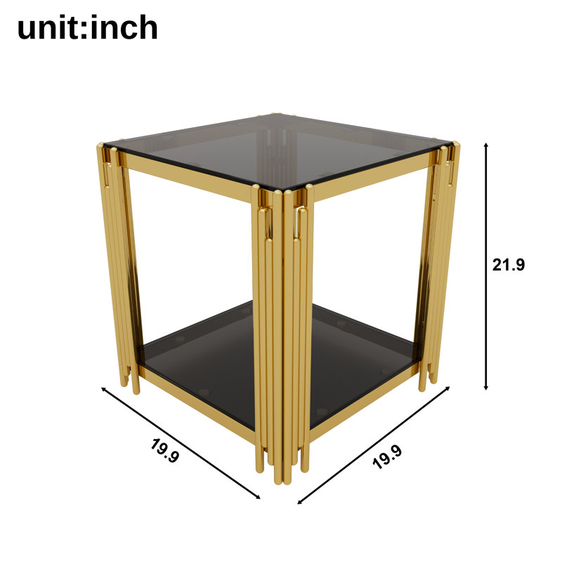 Table de bout moderne à miroir noir avec cadre asymétrique en métal doré - table d'appoint carrée de 19,9 po avec tablette inférieure
