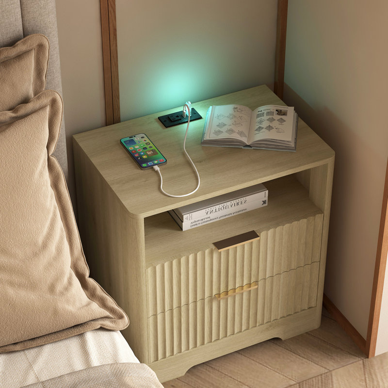 Table de chevet avec station de charge, table de chevet intelligente avec veilleuse, tables de chevet avec armoire de rangement pour la chambre à coucher, bois