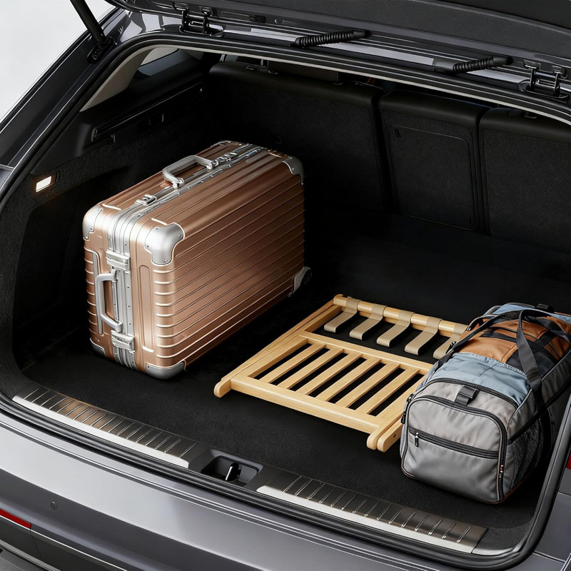 Porte-bagages pliable en bambou à 2 niveaux entièrement assemblé pour valises de 24 à 28 pouces