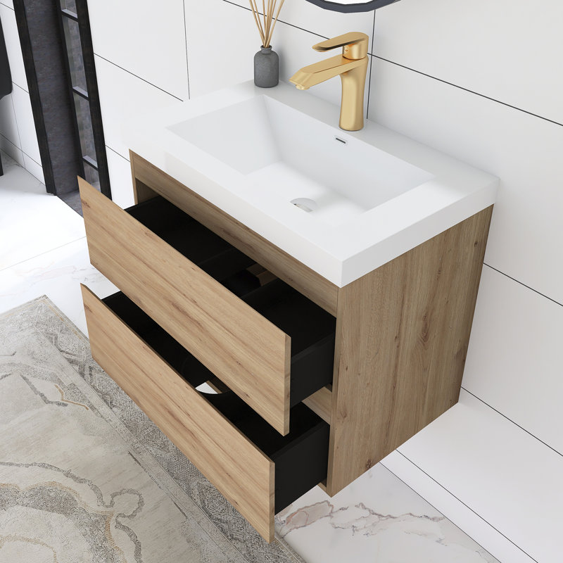 Aikin 24'' Single Sink Wall Mounted Bathroom Vanity with Cultured Marble Top, Oak