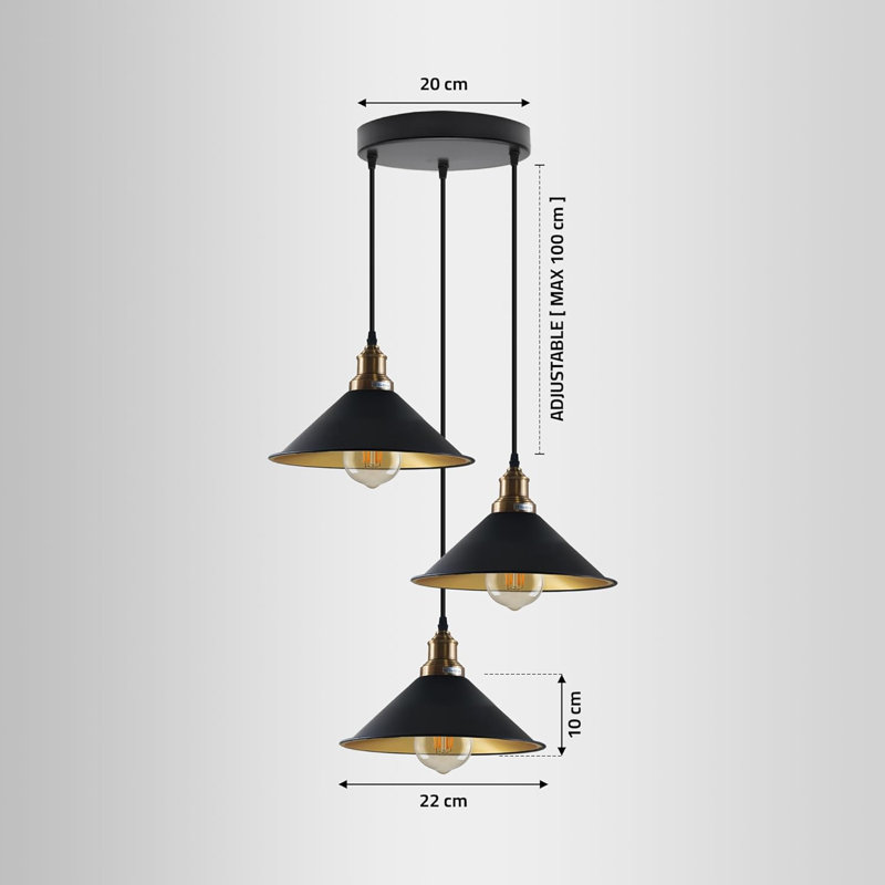 Luminaire suspendu industriel à 3 lumières pour îlot de cuisine pour salle à manger, chambre à coucher, couloir, base E26
