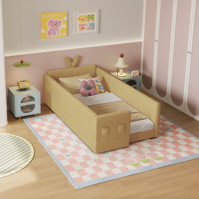 Twin Size Upholstered Platform Bed With Cute Rabbit Ear Shaped Headboard, Safety Rail, And Convenient Storage Pocket, Boucle Fabric – Perfect For Kids' Bedroom