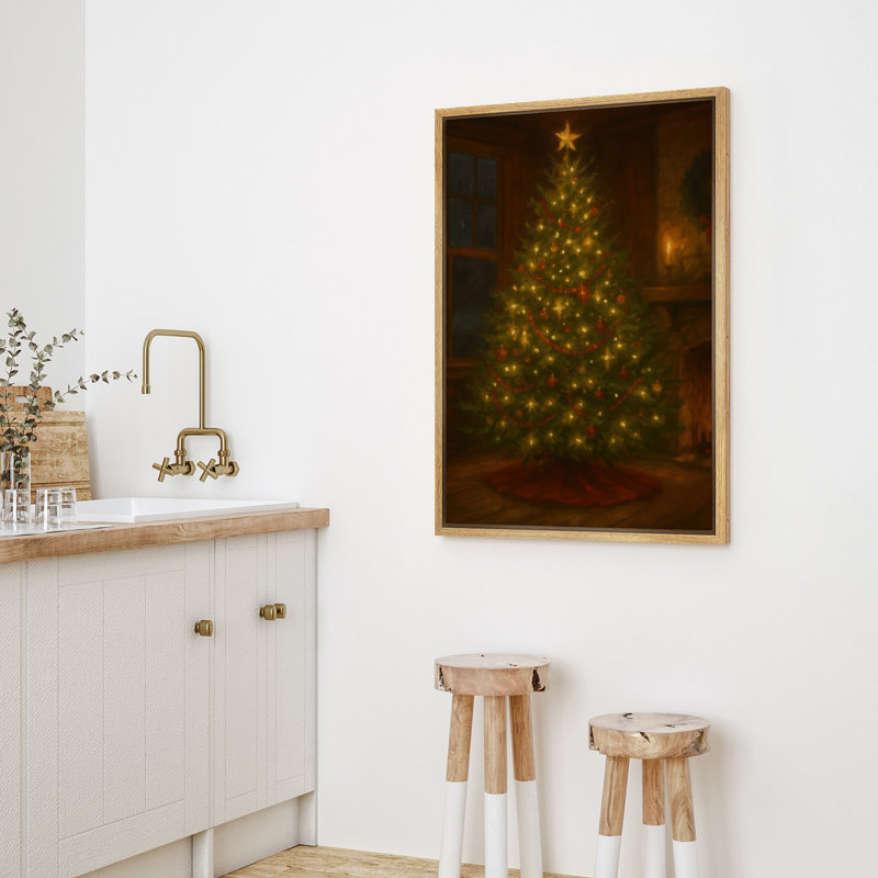 «Glowing Christmas Tree in Cozy Room Warm Holiday Decor», reproduction d'art encadrée sur toile de la chambre principale