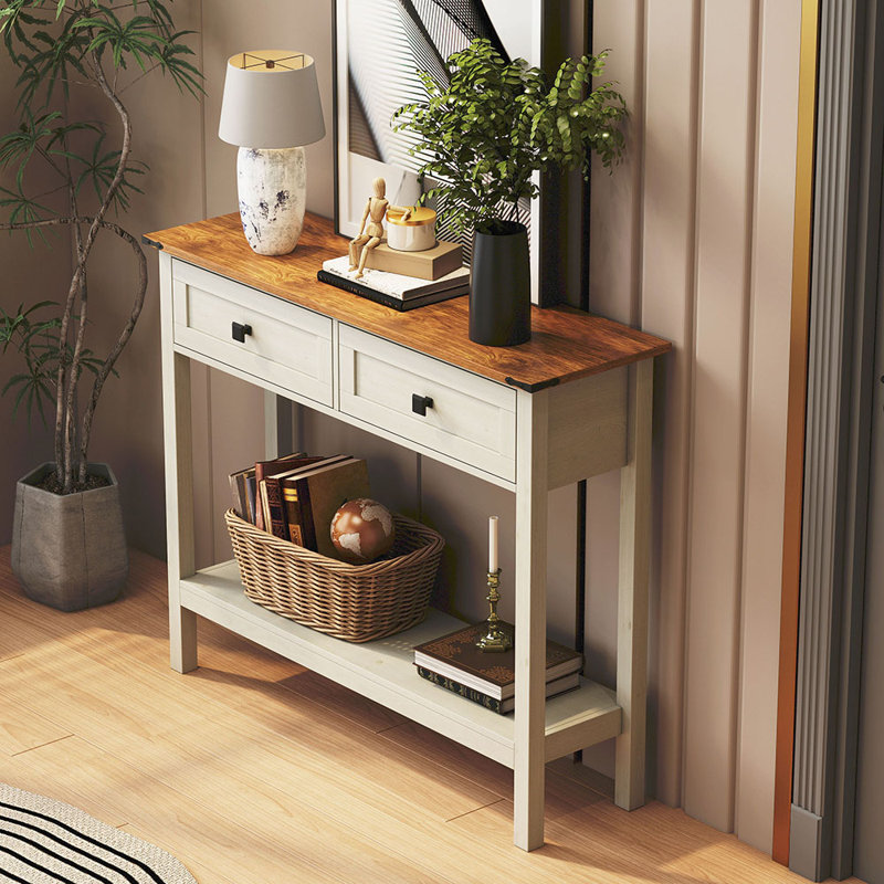 Console de style campagnard avec design à deux tons, 2 tiroirs et tablette de rangement inférieure - Table d'appoint rustique pour entrée, salon et couloir