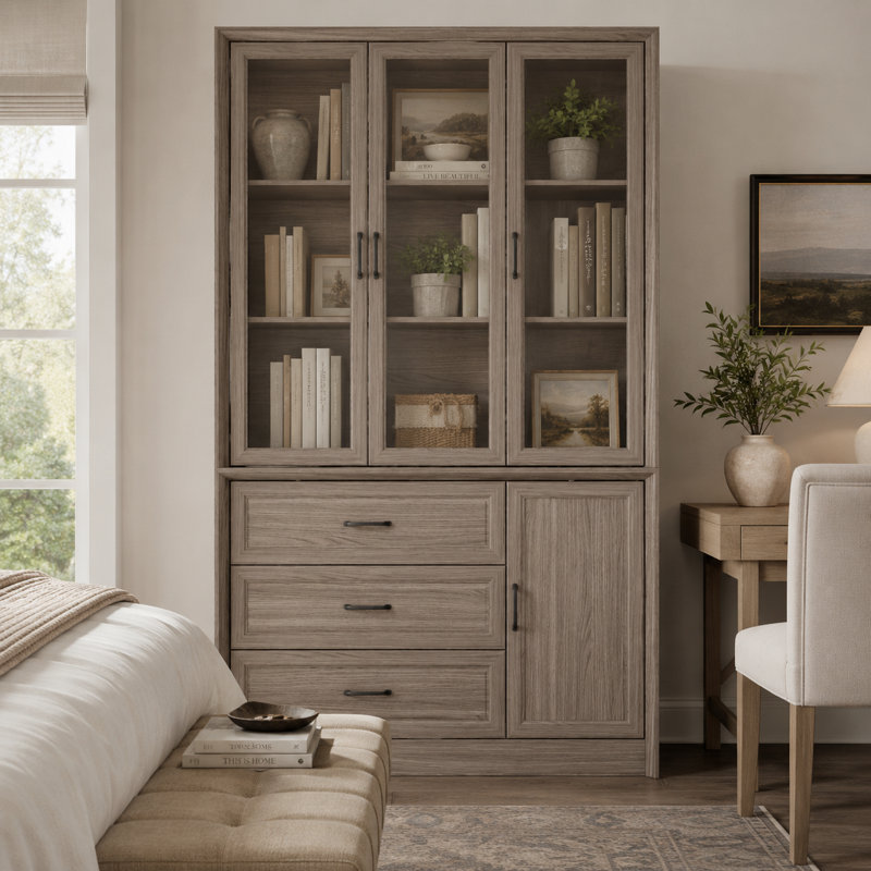 80'' H X 47.4'' W 3-Drawer Display Bookcase With Glass Doors, Gray
