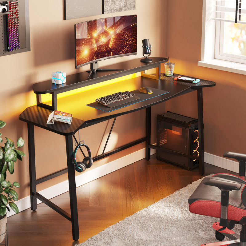 Haigh 63 W Led Gaming Desk with Monitor Stand and Cup Holder, Black Computer Desk with Headphone Hook, Black