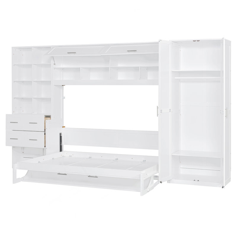 Lit escamotable double pleine grandeur avec placard, tiroirs et tablettes, blanc, Lit double, Blanc