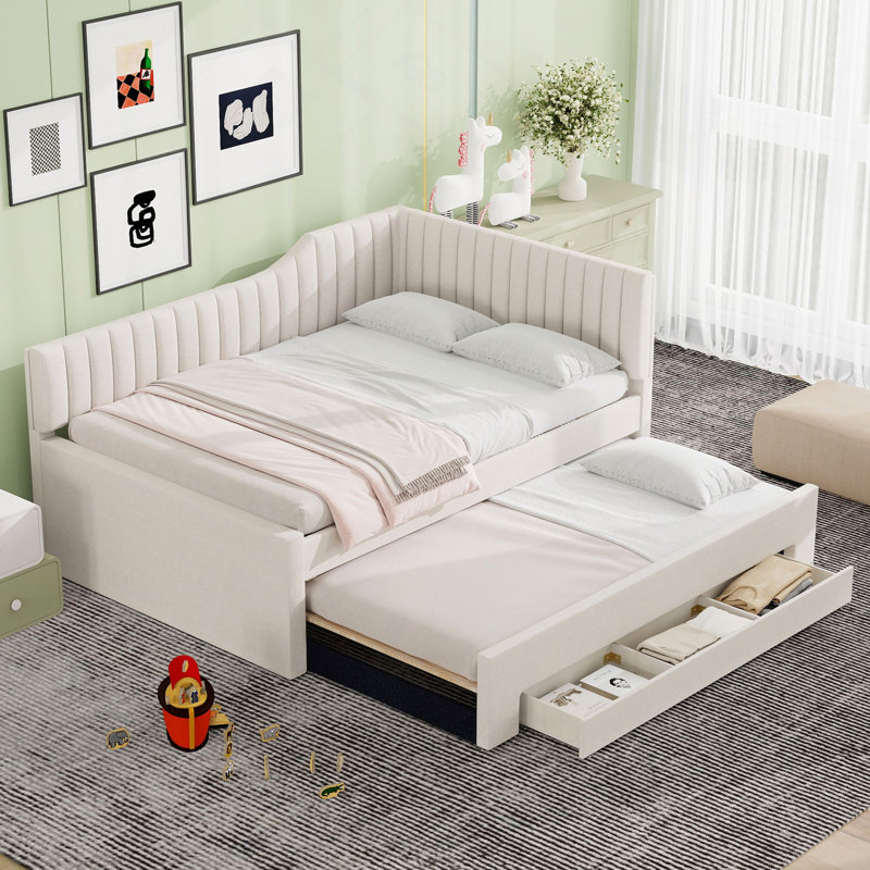Upholstered Daybed With Trundle And Three Drawers, Beige, Full/Double