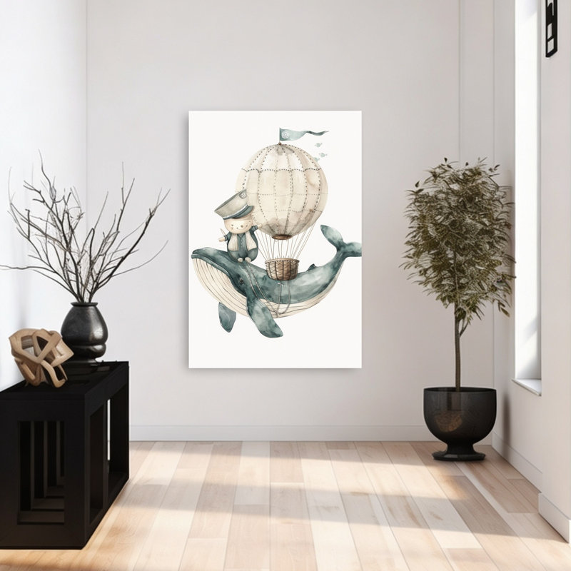 Flying Whale Captain Dreamy Whimsical Abstract Whale Ocean Landscape Wall Art Print 1 Piece Wrapped Canvas Wall Art