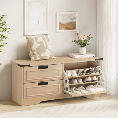 Guinna Farmhouse Entryway Bench, Wood Shoe Storage Bench With Flip Drawer, Enter Way Bench Shoe Cabinet Organizer, Hidden Shoe Rack Bench For Living Room Hallway