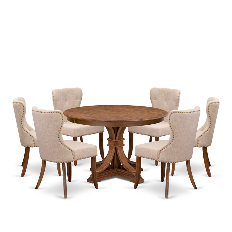 7-Pc Kitchen Table Set consists of a Pedestal Dining Table and 6 Light Tan Linen Fabric Chairs with Button Tufted- Antique Walnut