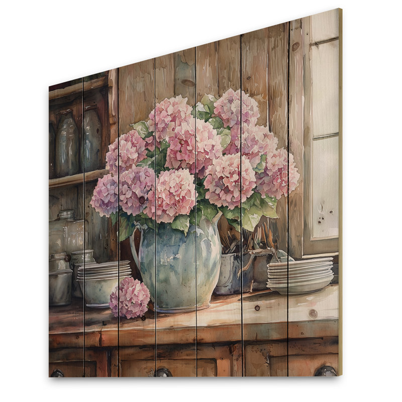 Hortensias à la ferme dans un vase de poterie II - impression d'hortensias sur bois de pin naturel