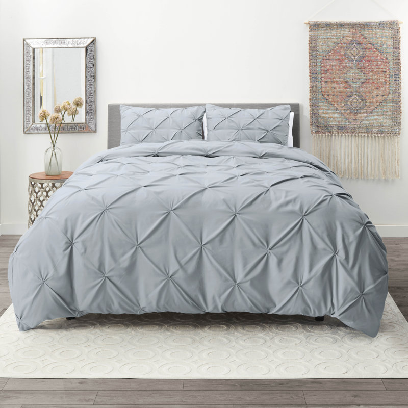 Double Brushed Pleated Duvet Cover Set, Housse de couette grand et 2 taies décoratives, Bleu acier
