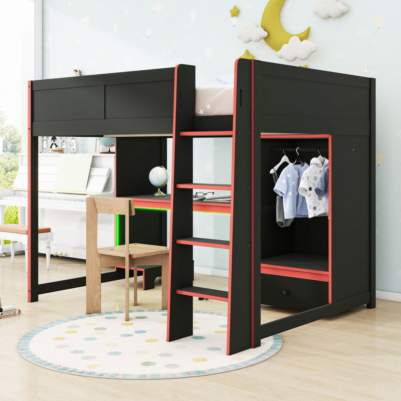 Lit mezzanine avec bureau, garde-robe, DEL et rangement Gaming, Double