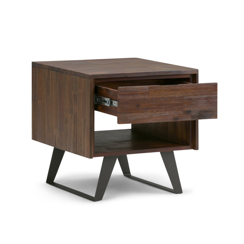 Lowry 22"W Solid Acacia Wood Modern Industrial Square End Table with Drawer, Open Shelf and Angled Legs